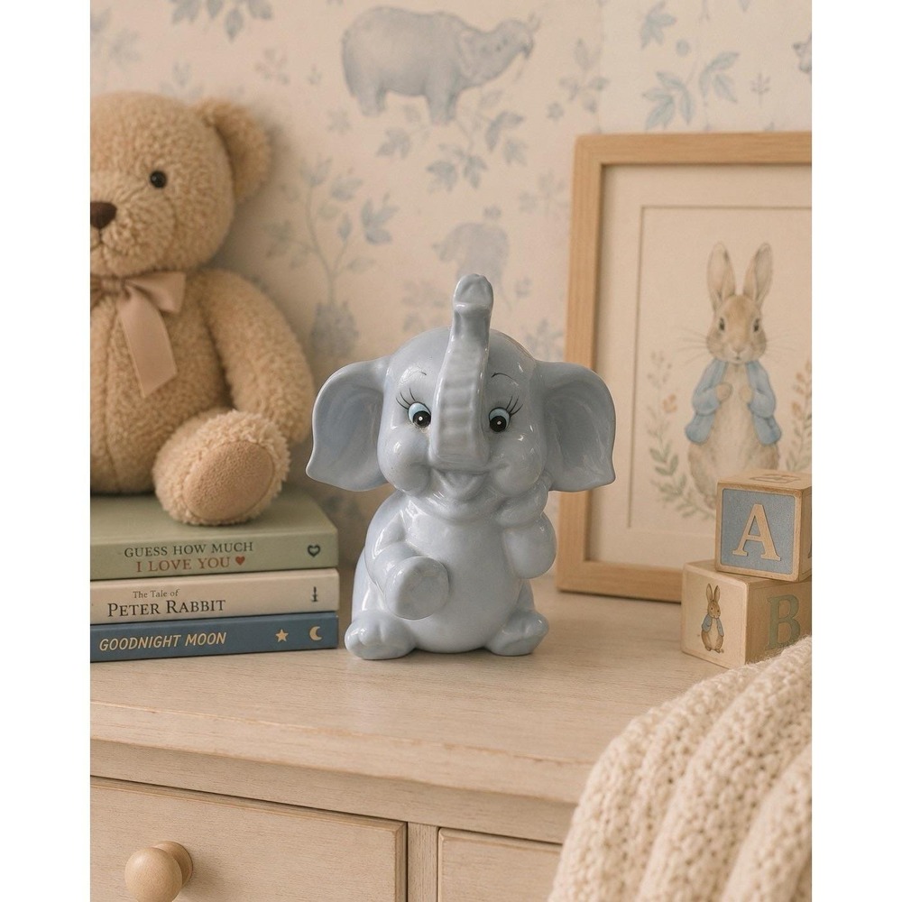 Vintage K's Collection Blue Trunk Up Elephant Coin Bank With Stopper Ceramic 6"